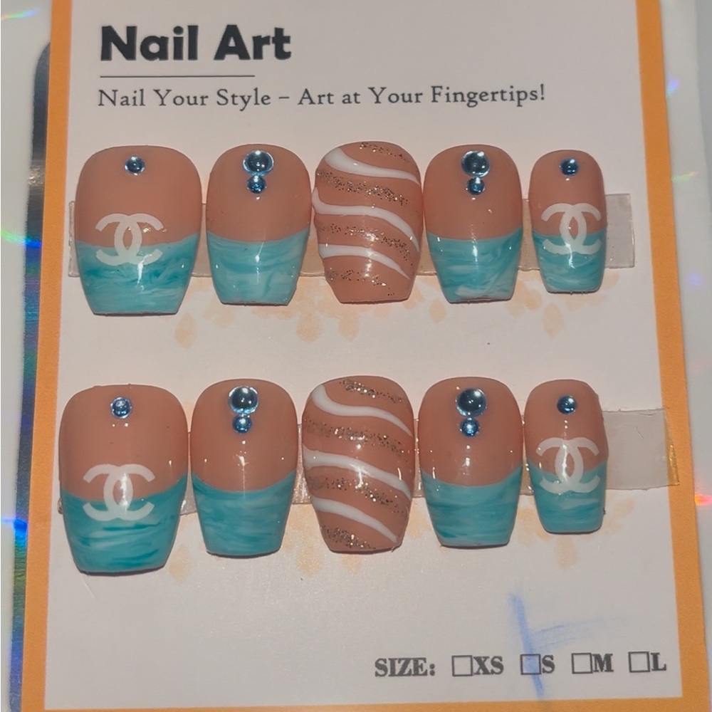 10 PC Hand Crafted Christmas Blue Marble Swirl Nails